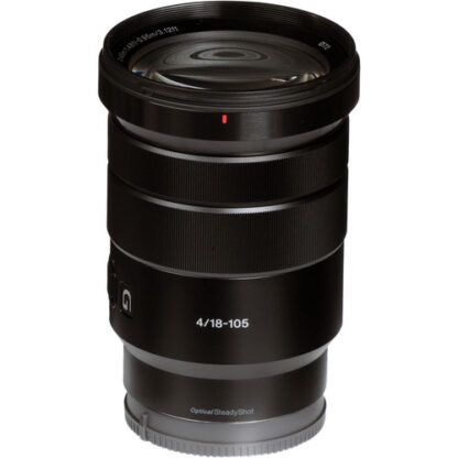 Black Sony E PZ 18-105mm f/4 G OSS Lenswith specifications on a white background