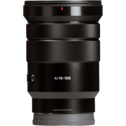 Black Sony E PZ 18-105mm f/4 G OSS Lenswith specifications on a white background
