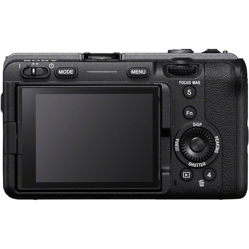 Back view of a black Sony FX30 Digital Cinema Camera with control buttons on a white background
