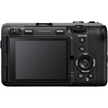 Back view of a black Sony FX30 Digital Cinema Camera with control buttons on a white background