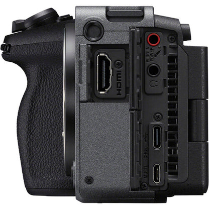 Close-up of a Sony FX30 Digital Cinema Camera body with various ports and controls on a white background