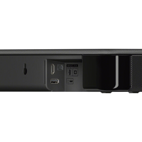 Back view of a black electronic device with ports on a white background