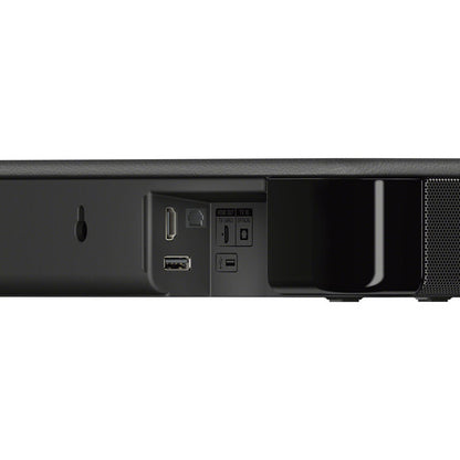 Back view of a black electronic device with ports on a white background