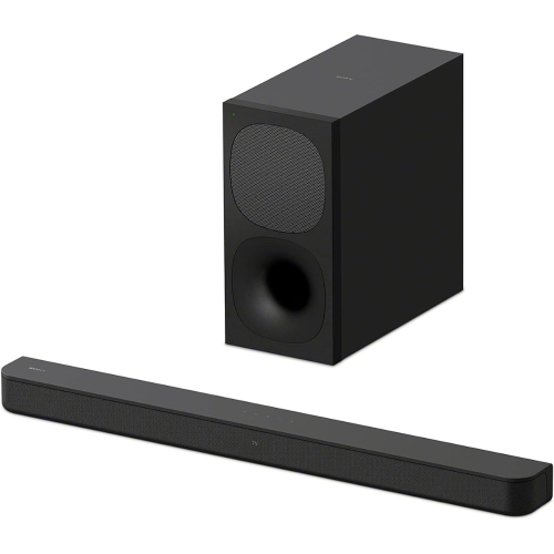 Black soundbar and subwoofer on a white background
