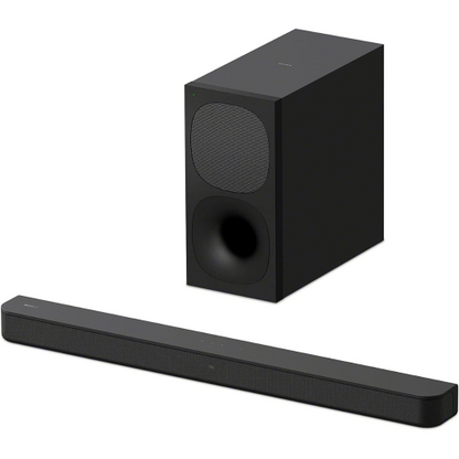 Black soundbar and subwoofer on a white background
