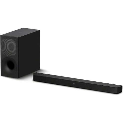 Black soundbar and subwoofer on a white background