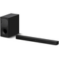 Black soundbar and subwoofer on a white background
