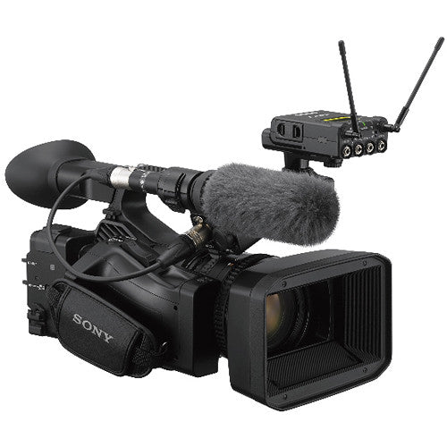 Sony video camera with microphone and wireless transmitter on a white background