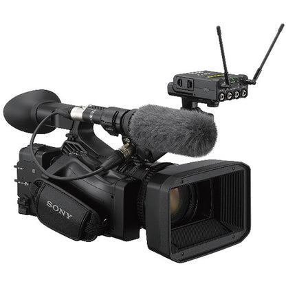Sony video camera with microphone and wireless transmitter on a white background
