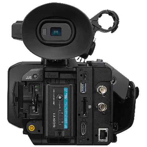 Sony video camera with open battery compartment on a white background