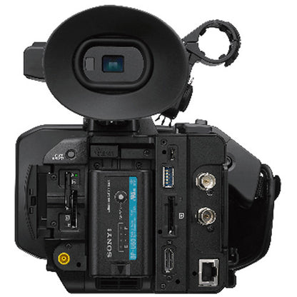 Sony video camera with open battery compartment on a white background