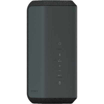Black portable speaker with control buttons on a white background