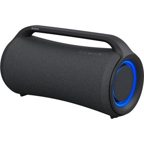 Sony portable speaker with blue accent on a white background