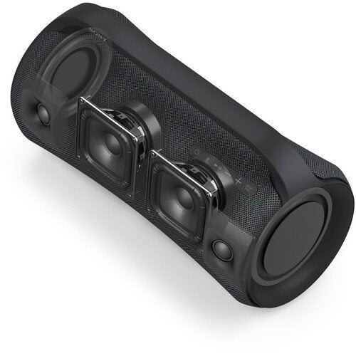 Black portable speaker on a white background