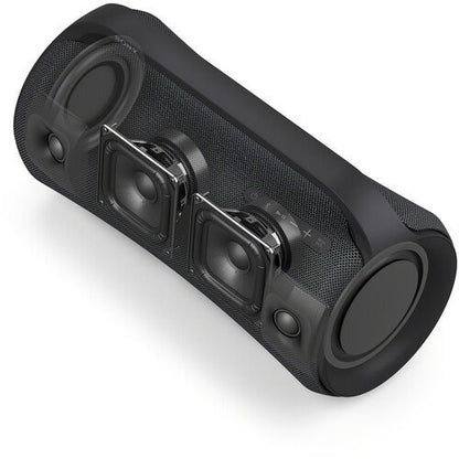 Black portable speaker on a white background