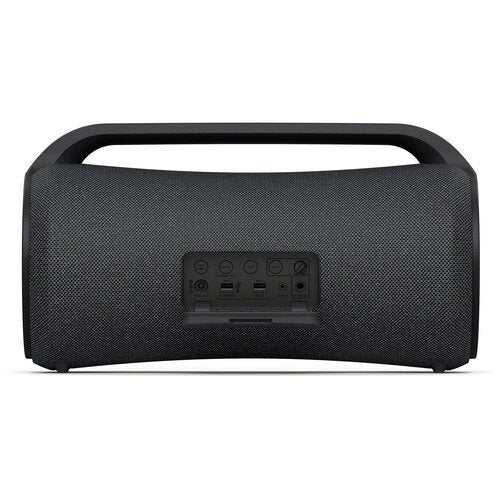 Black portable speaker on a white background