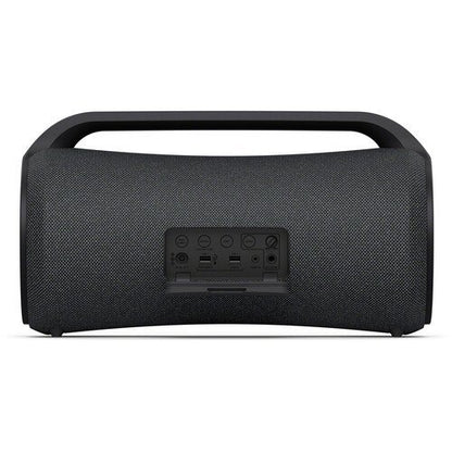 Black portable speaker on a white background