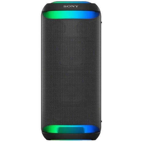 Sony portable speaker with green and blue lighting on a white background