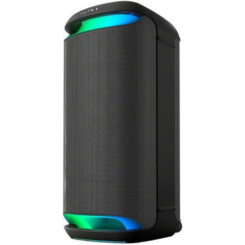 Black portable speaker with green and blue lighting on a white background