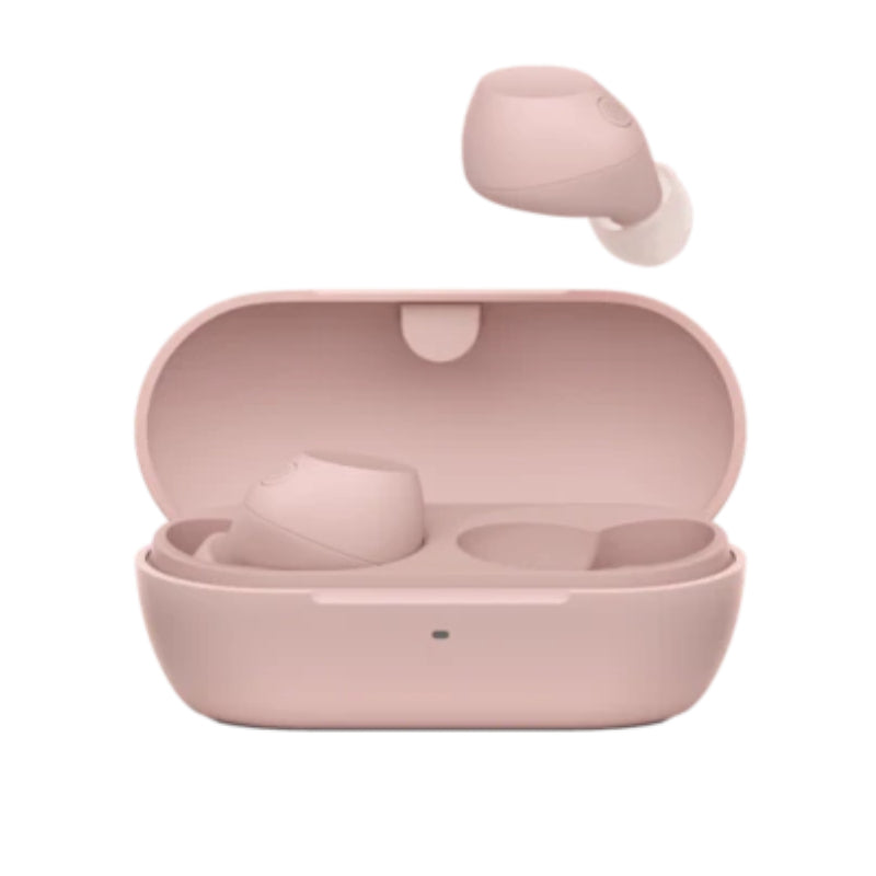 Pink wireless earbuds with charging case on a white background