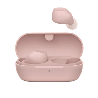 Pink wireless earbuds with charging case on a white background