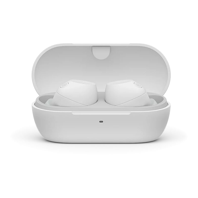White Sony WF-C710N Wireless Noise Cancelling Earbuds in an open charging case on a white background