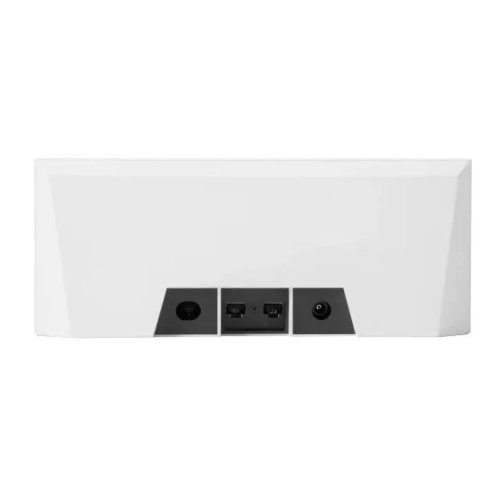 White wall socket with black outlets on a white background