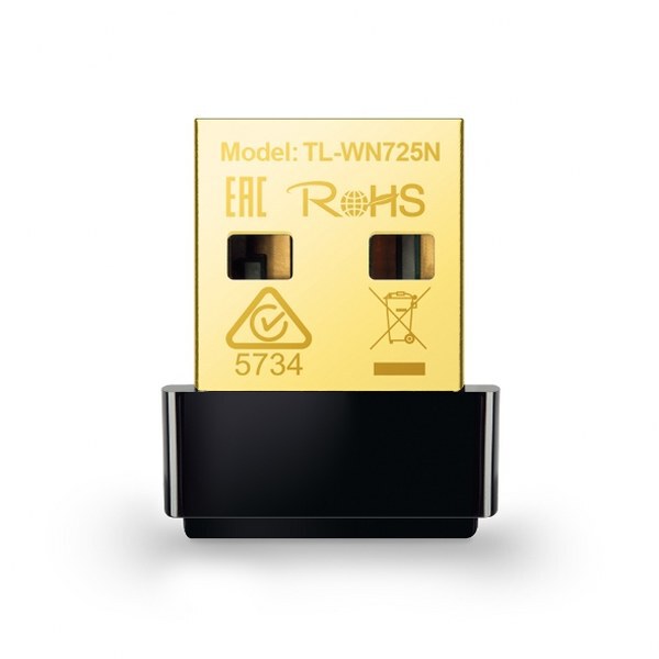 TP-Link 150Mbps Wireless N Nano USB Adapter - TL-WN725N with gold top and black bottom on a white background
