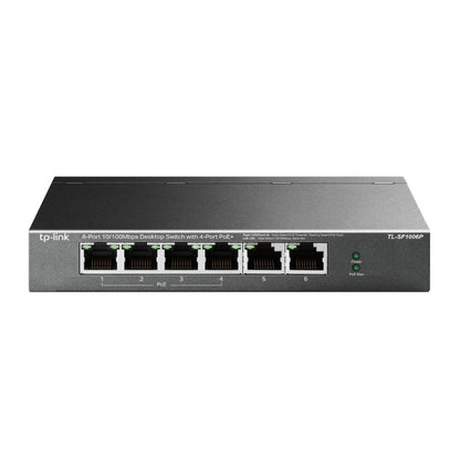 TP-Link network switch with six Ethernet ports on a white background
