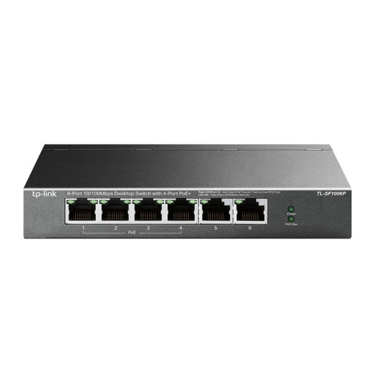 TP-Link network switch with six Ethernet ports on a white background