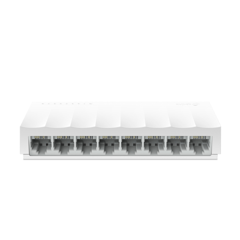 White TP-Link 8-Port 10/100Mbps Desktop Network Switch - TL-LS1008 with multiple Ethernet ports on a white background