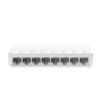 White TP-Link 8-Port 10/100Mbps Desktop Network Switch - TL-LS1008 with multiple Ethernet ports on a white background