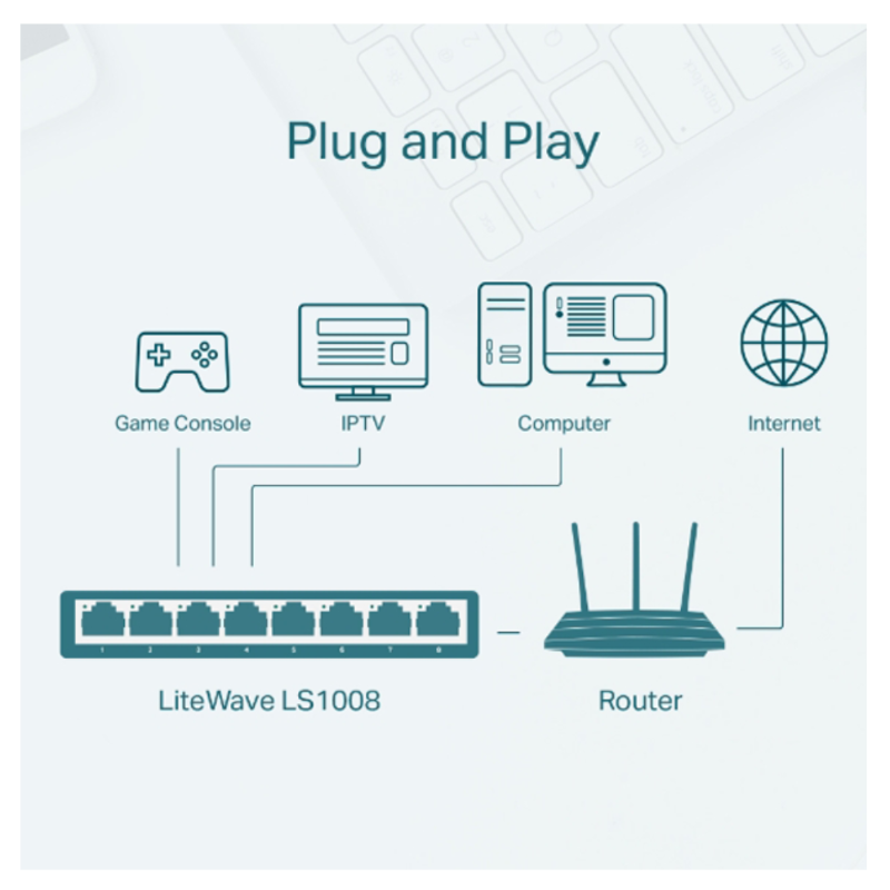 Diagram of network setup with 'Plug and Play' text, showing connections between devices and a router.