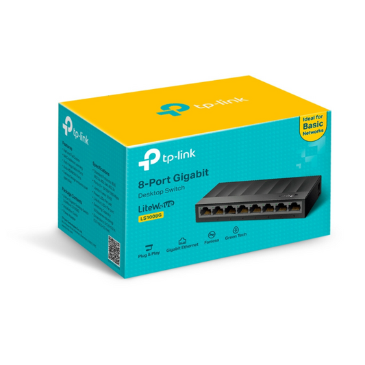 TP-Link 8-port gigabit switch packaging on a white background