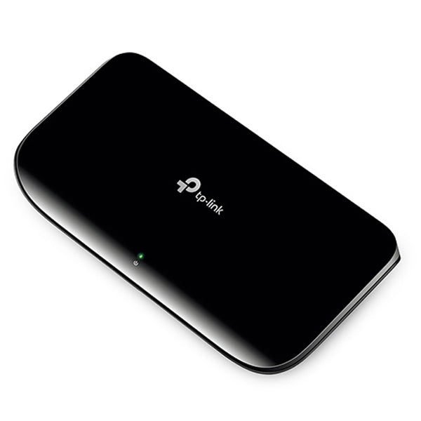 Black TP-Link 8-Port 10/100/1000Mbps Desktop Switch - TL-SG1008D on a white background