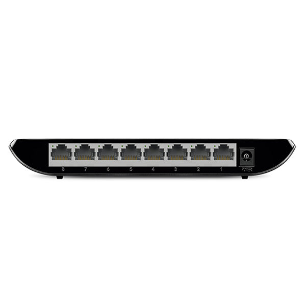 Network switch with eight Ethernet ports on a white background
