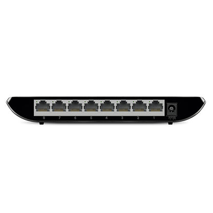 Network switch with eight Ethernet ports on a white background