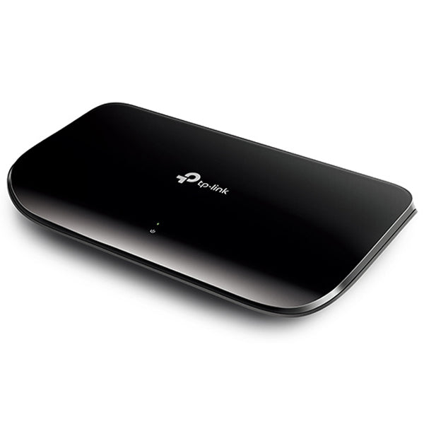 Black TP-Link 8-Port 10/100/1000Mbps Desktop Switch - TL-SG1008D with TP-Link logo on a white background