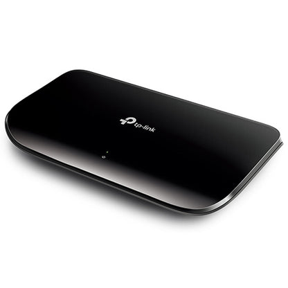 Black TP-Link 8-Port 10/100/1000Mbps Desktop Switch - TL-SG1008D with TP-Link logo on a white background