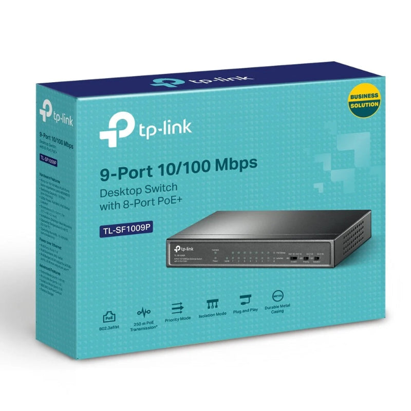 TP-Link 9-port switch packaging on a white background