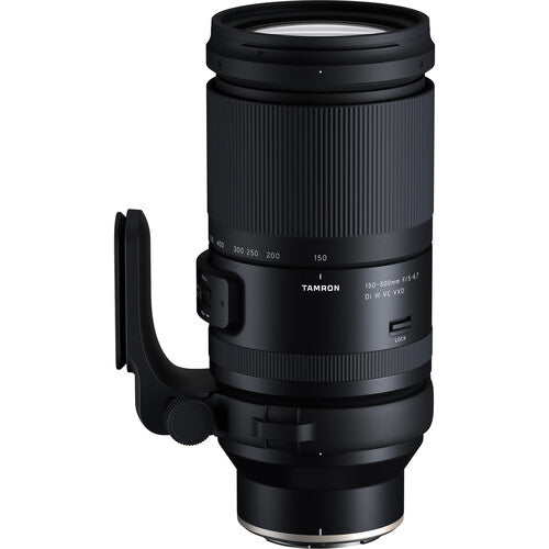 Black camera lens with Tamron branding on a white background