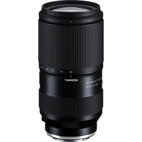 Black Tamron 50-300mm f/4.5-6.3 Di III VC VXD Lens (Sony E) with Tamron branding on a white background