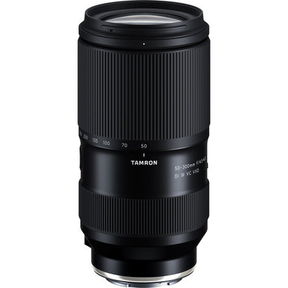 Black Tamron 50-300mm f/4.5-6.3 Di III VC VXD Lens (Sony E) with Tamron branding on a white background