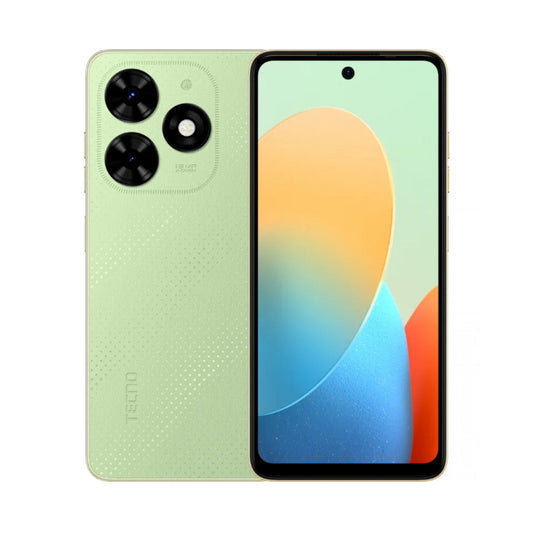 Green smartphone showing front and back on a white background