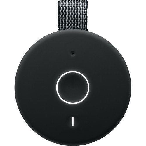 Black Ultimate Ears MEGABOOM 3 Portable Bluetooth Speaker with a white light on a white background