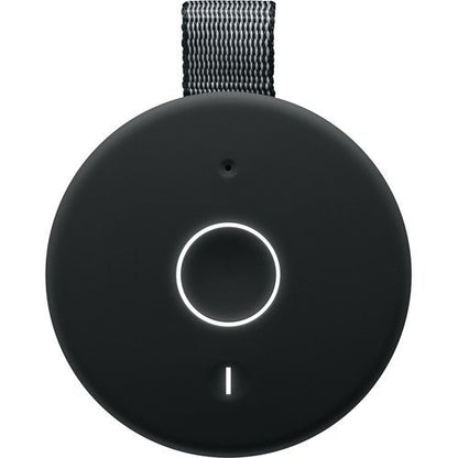 Black Ultimate Ears MEGABOOM 3 Portable Bluetooth Speaker with a white light on a white background