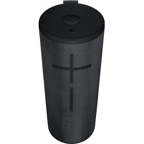 Black cylindrical Ultimate Ears MEGABOOM 3 Portable Bluetooth Speaker on a white background