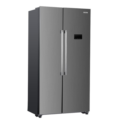 Stainless steel Solstar RF616 442L Side-by-Side Fridge  on a white background