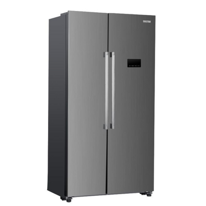 Stainless steel Solstar RF616 442L Side-by-Side Fridge  on a white background