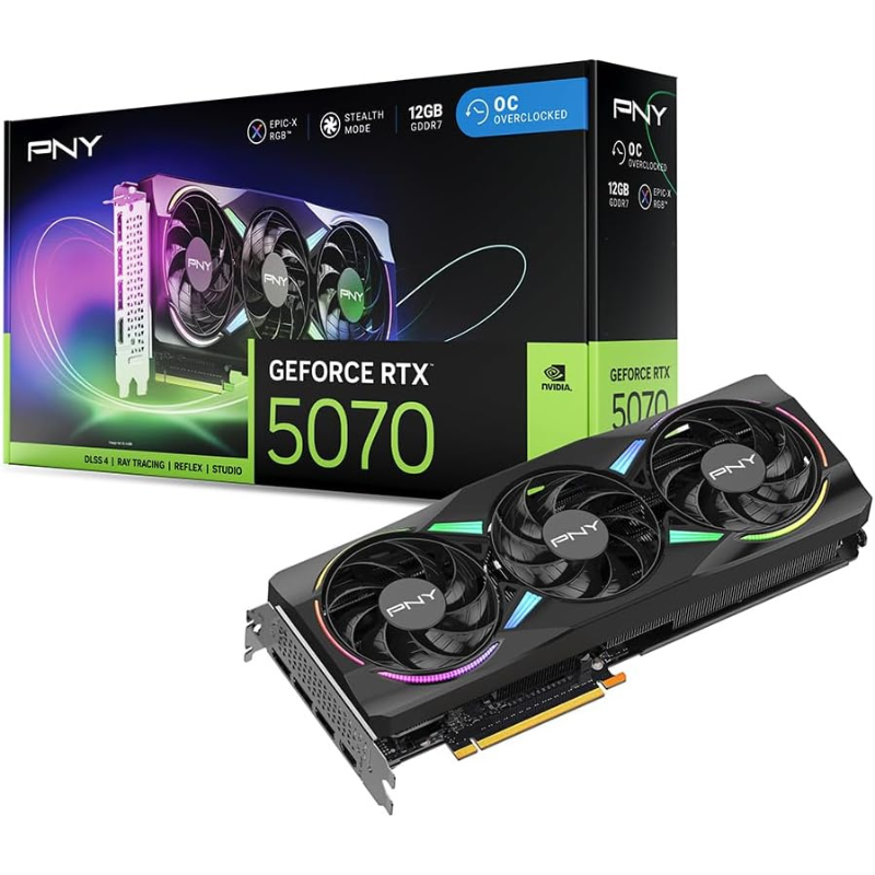 PNY GeForce RTX 5070 graphics card with packaging on a white background
